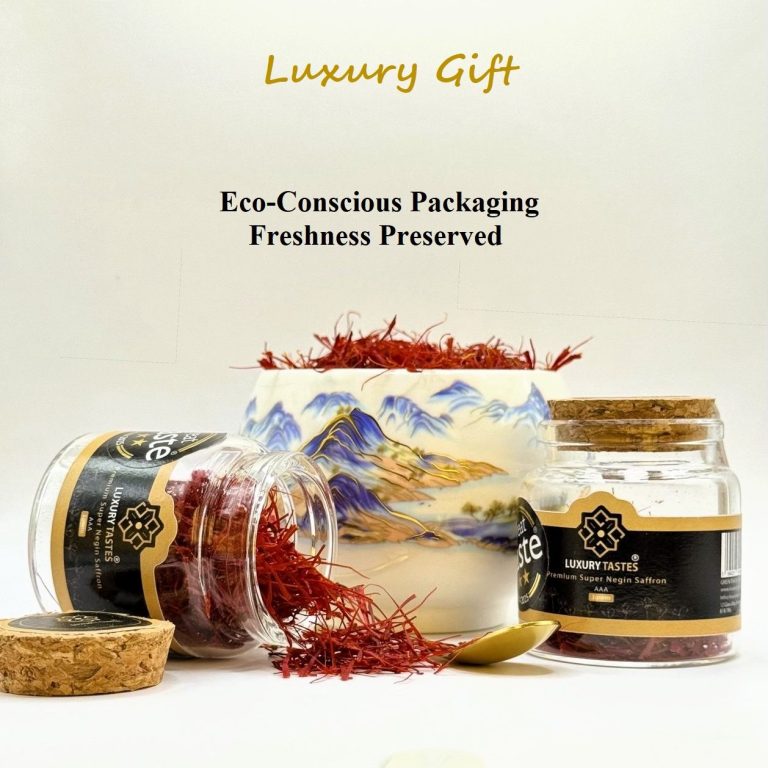 Luxury gift set with eco-conscious packaging and preserved saffron jars.